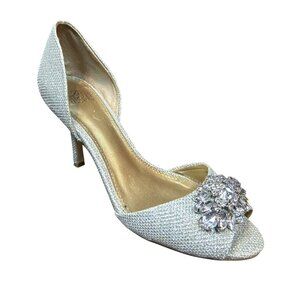 Belle Badgley Mischka Women's 6 Silver Rhinestones Peep Toe Heels Wedding Formal